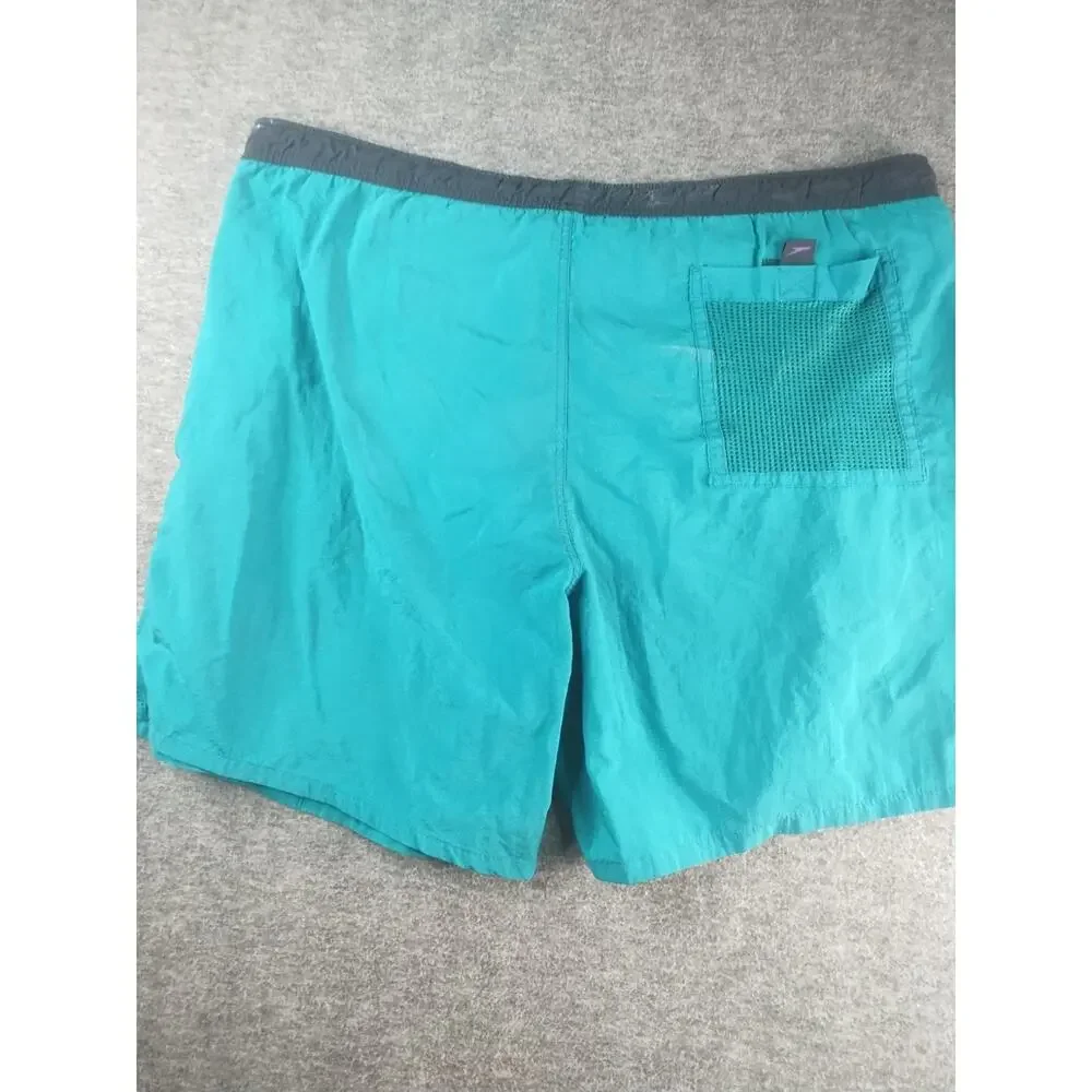 Vintage SPEEDO Teal Spell Out Pockets Mesh Lining Swim Trunk Board Short Size L